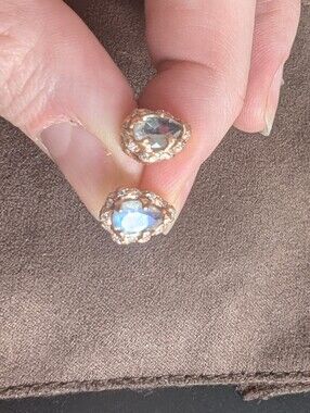Logan Hollowell Queen Water Drop Moonstone Studs W/ Sprinkled Diamonds Rose Gold